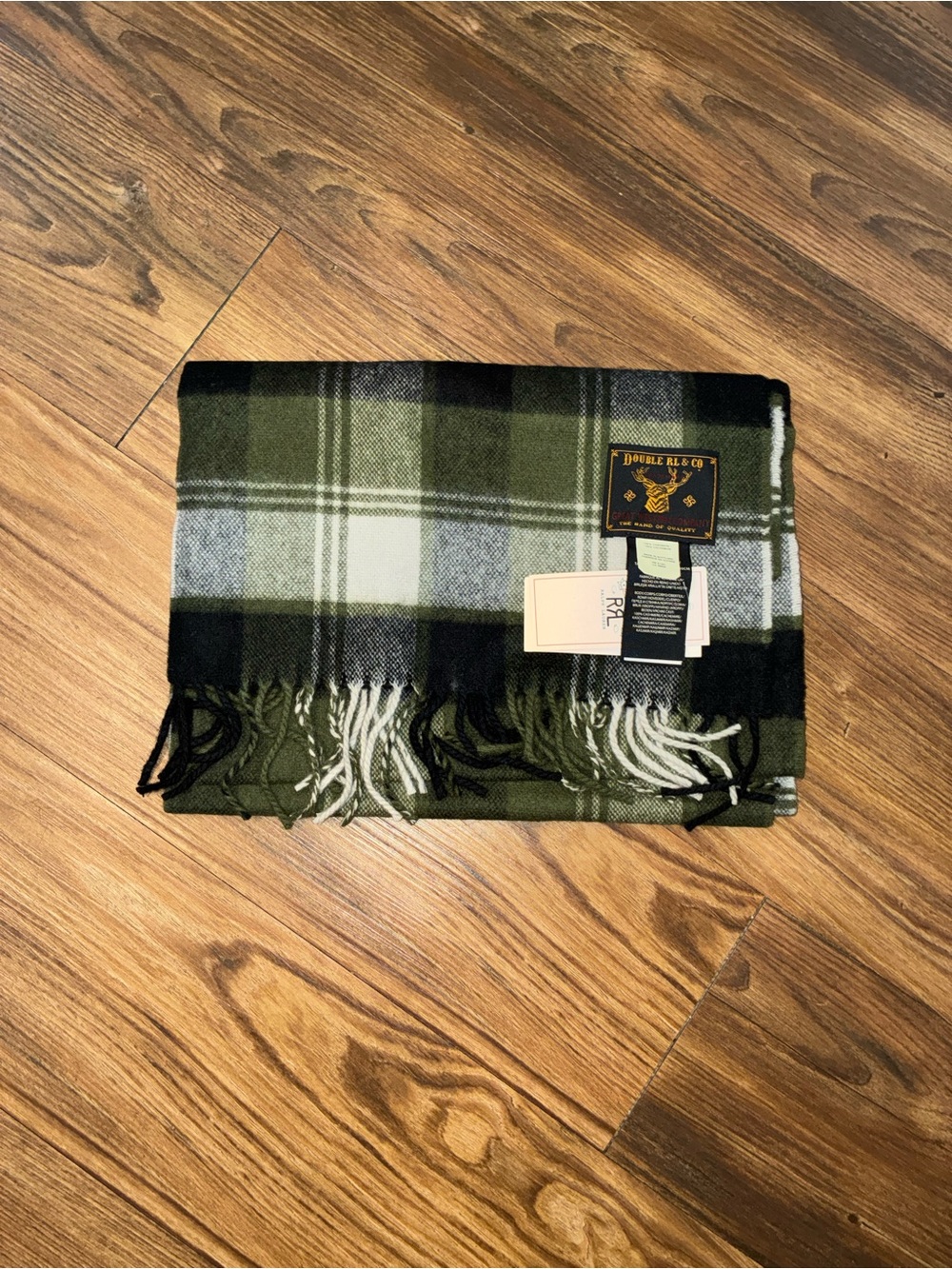 RRL Celtic Olive Cashmere Plaid Fringe Scarf
